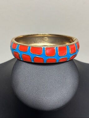 Fornash Gold Tone Clamper Bangle Bracelet Blue And Red Enamel Design